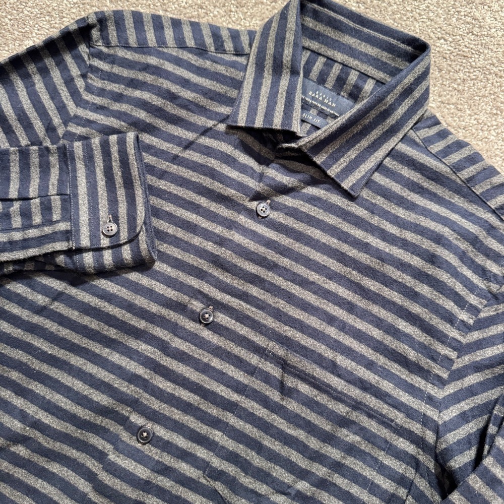 Zara Man Shirt Mens S Blue Gray Striped Cotton Flannel Slim Fit Casual Minimal